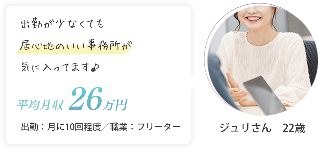 ジュリさん　22歳（出勤：月に10回程度・平均月収　26万円・フリーター）出勤が少なくても居心地のいい事務所が気に入ってます♪