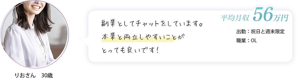 りおさん　30歳（出勤：祝日と週末限定・平均月収　56万円・OL）副業としてチャットをしています。本業と両立しやすいことがとっても良いです！