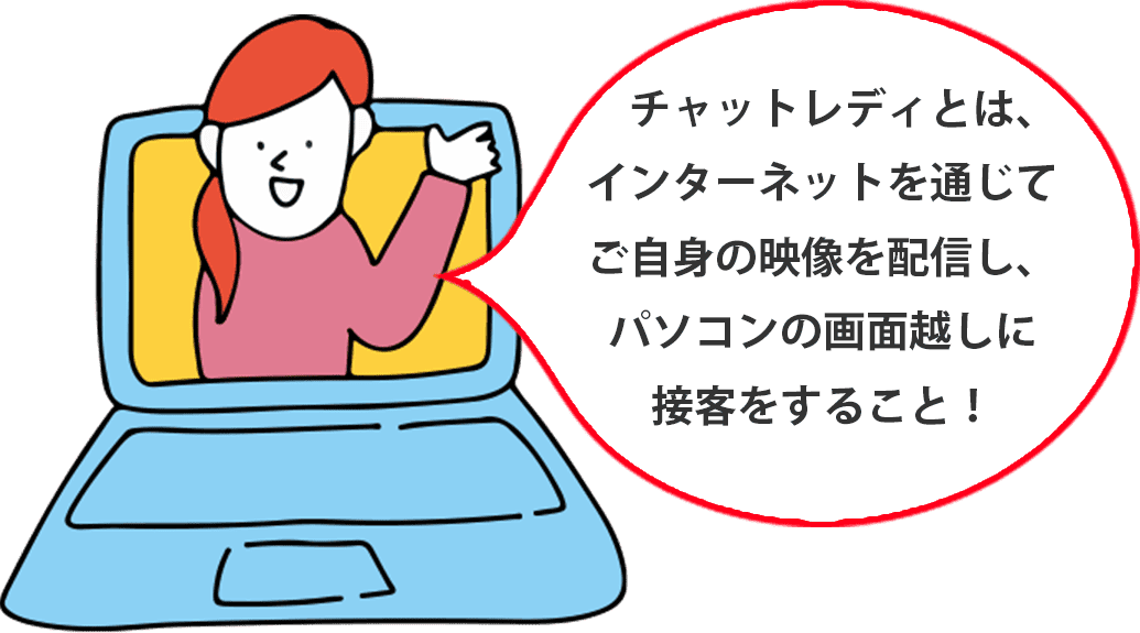 　チャットレディとは、インターネットを通じてご自身の映像を配信し、パソコンの画面越しに接客をすること！